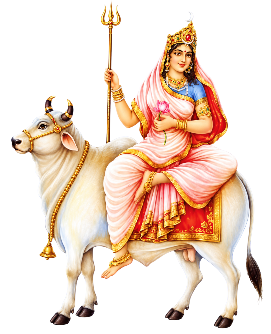वृषभ पर विराजमान माँ शैलपुत्री, दाएँ हाथ में त्रिशूल और बाएँ हाथ में कमल