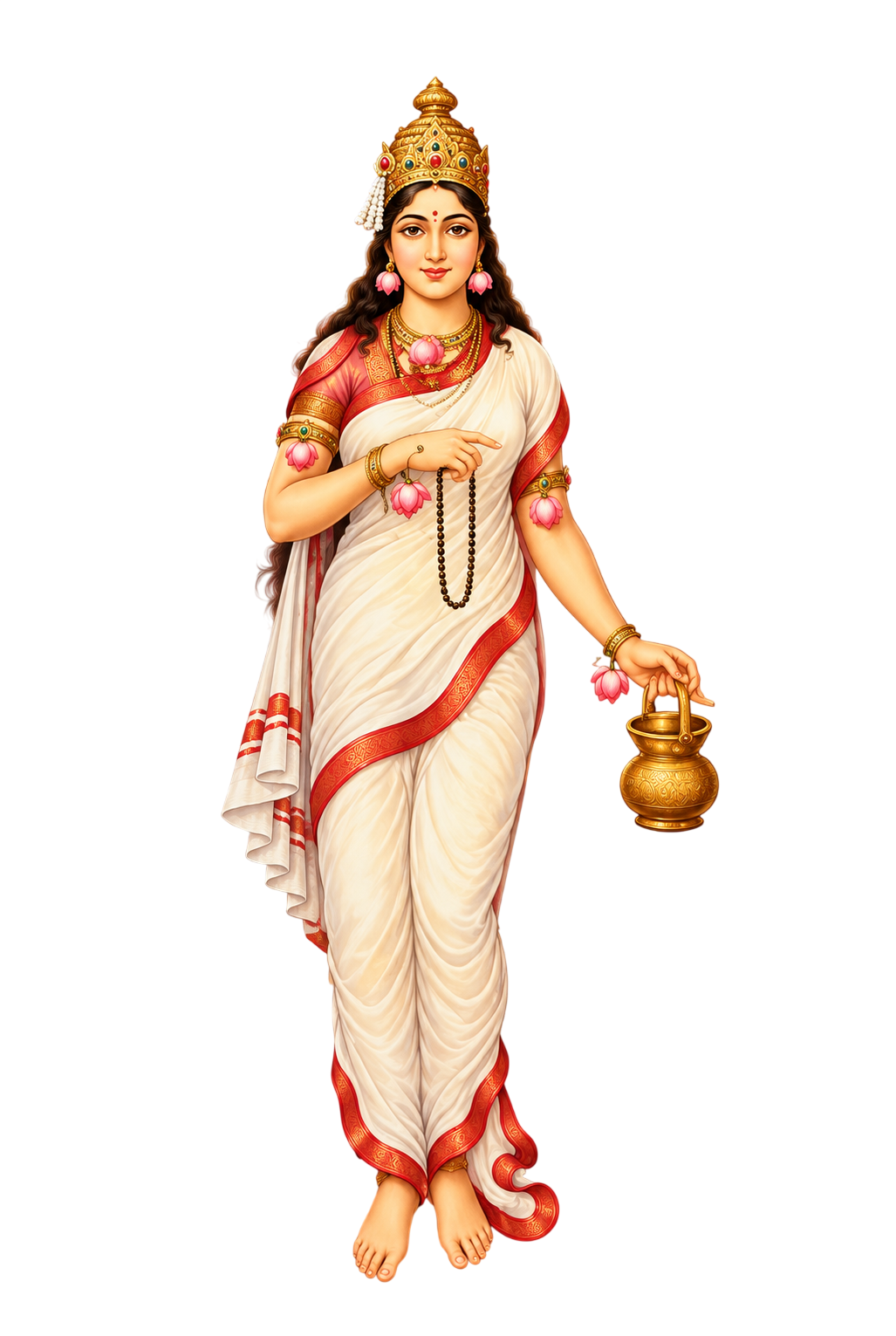 श्वेत वस्त्रों में माँ ब्रह्मचारिणी, एक हाथ में जपमाला और दूसरे हाथ में कमंडल