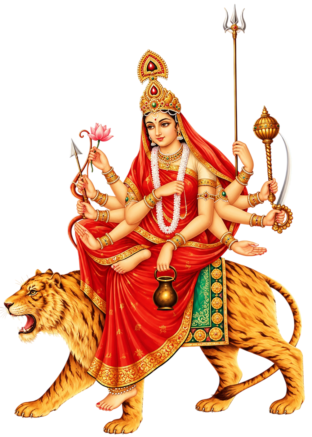 सिंह पर आरूढ़ माँ चंद्रघंटा, मस्तक पर अर्धचंद्राकार घंटा और हाथों में अस्त्र-शस्त्र