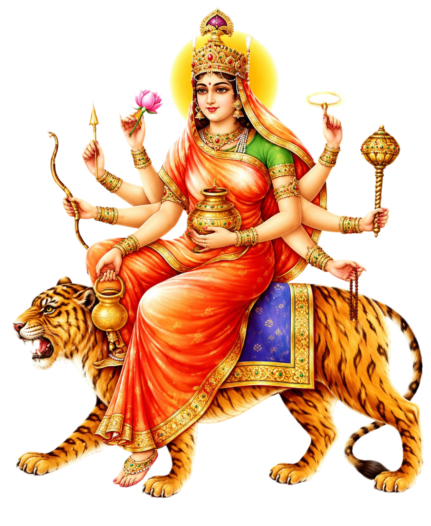 सिंह पर विराजमान माँ कूष्मांडा, अनेक भुजाओं में कमंडल, धनुष, बाण, कमल, चक्र और गदा धारण किए हुए