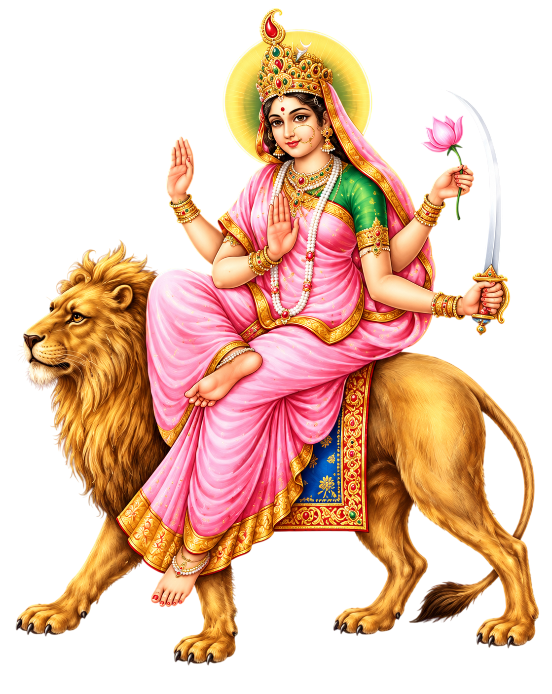 सिंह पर आरूढ़ माँ कात्यायनी, हाथ में तलवार धारण किए हुए और अन्य हाथों में कमल एवं अभय मुद्रा