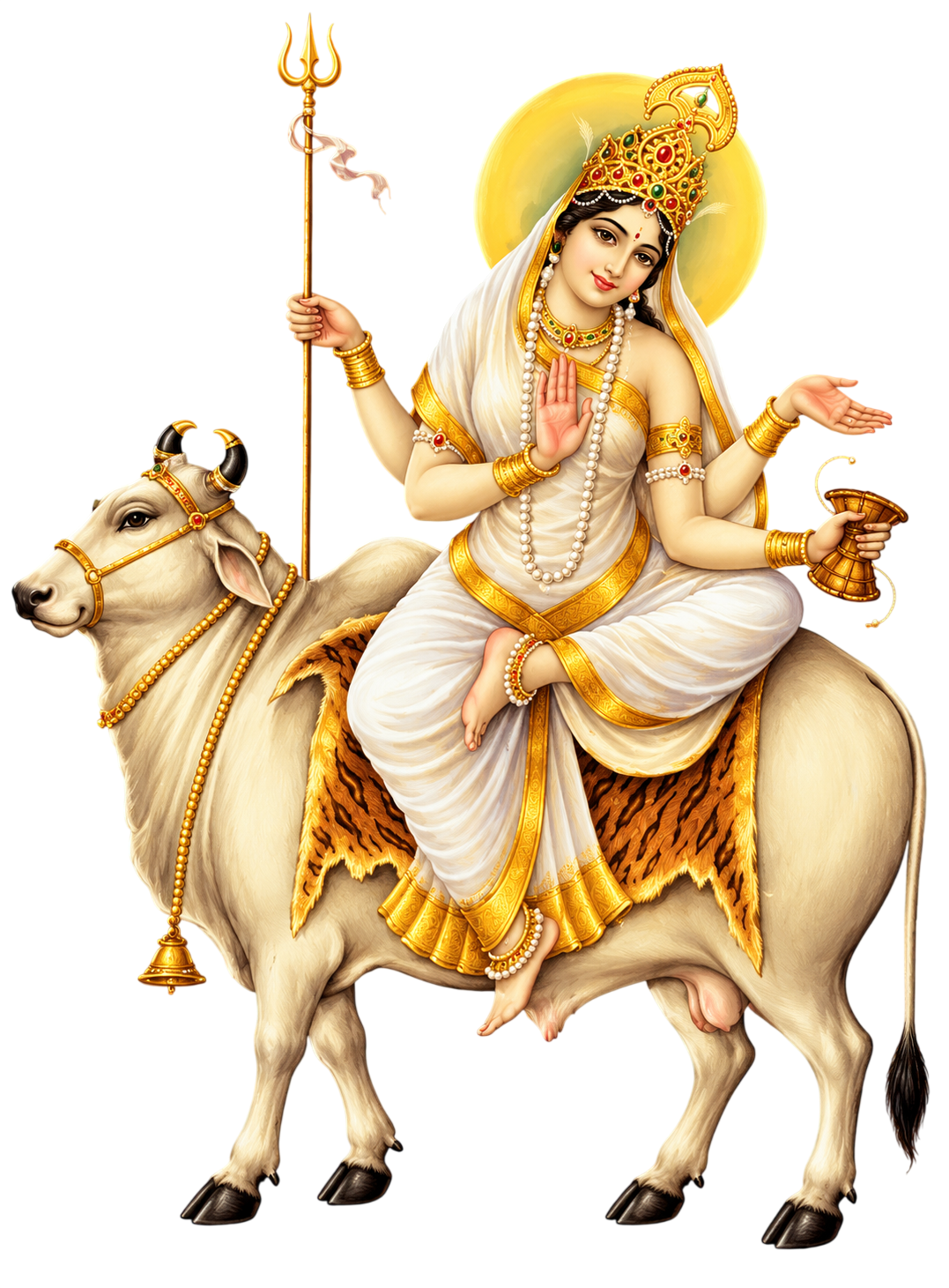 श्वेत वृषभ पर विराजमान माँ महागौरी, हाथों में त्रिशूल और डमरू धारण किए हुए