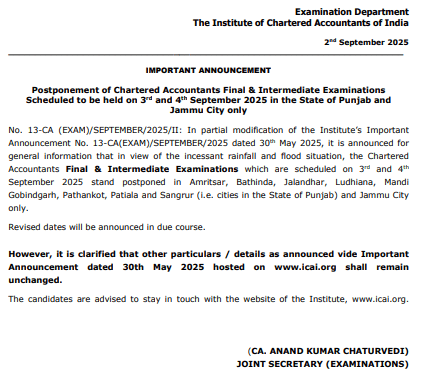 ICAI CA September Exam Postponed