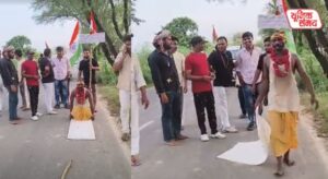 A young man from Barsana has set out on a Dandvat Yatra while holding a sugarcane stalk