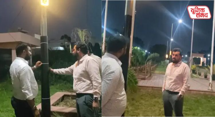 Insulation taping is being carried out on electricity poles in preparation for Shri Krishna Janmashtami