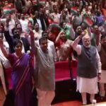 MPs arrive with the Tricolour to join PM Modi at the NDA's 'Mangal Milan' meeting
