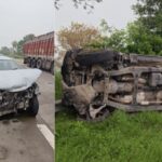 Thar car overturns after tyre burst