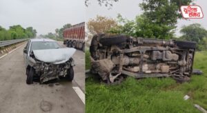 Thar car overturns after tyre burst