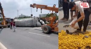 Truck loaded with dates overturns on Delhi-Agra Highway