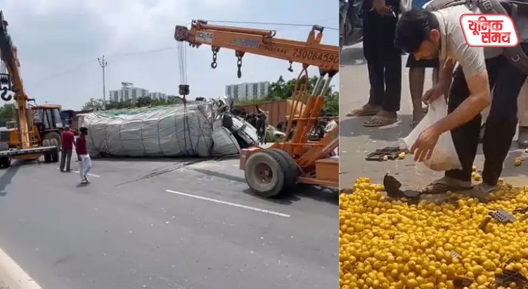 Truck loaded with dates overturns on Delhi-Agra Highway