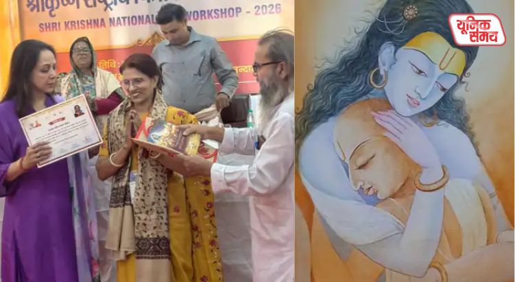 Alka Pathak captures the divine play of the friendship between Shri Krishna and Sudama on canvas