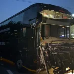 Collision between a bus and an unidentified vehicle near milestone 77 on the Yamuna Expressway